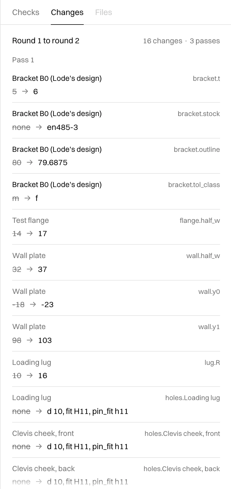 Changes tab, by part and feature